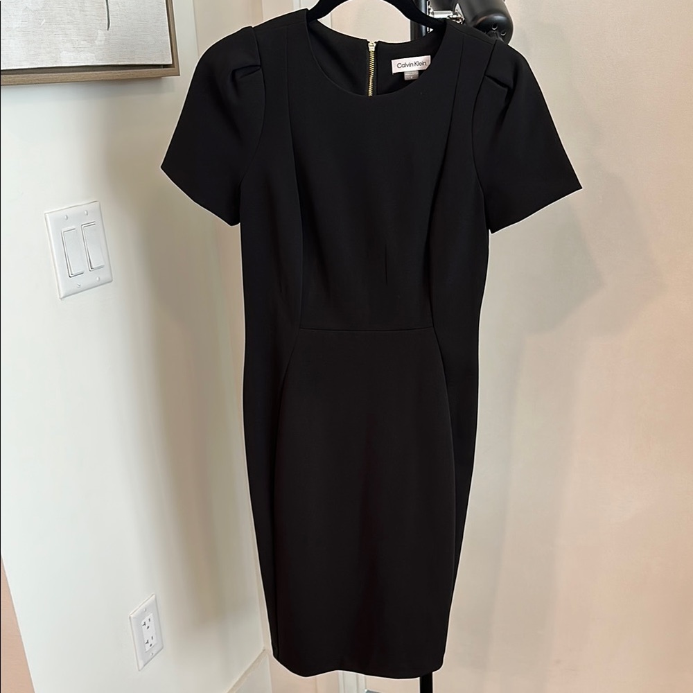 Calvin Klein Black Sheath Midi Dress with Short Sleeves for Work